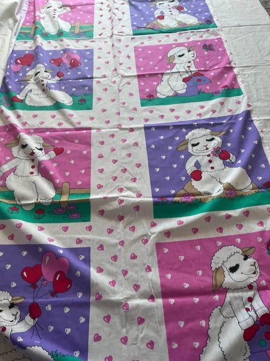 Children's Pink and Purple Lamb Print Bedding Panel - Cheater quilt top - Picture 1 of 3
